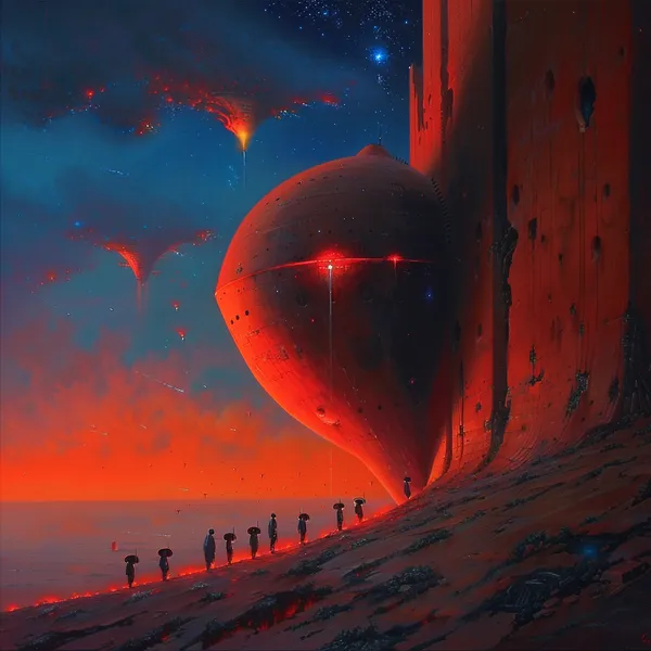 Паломники с зонтами в неоновом sci-fi закате