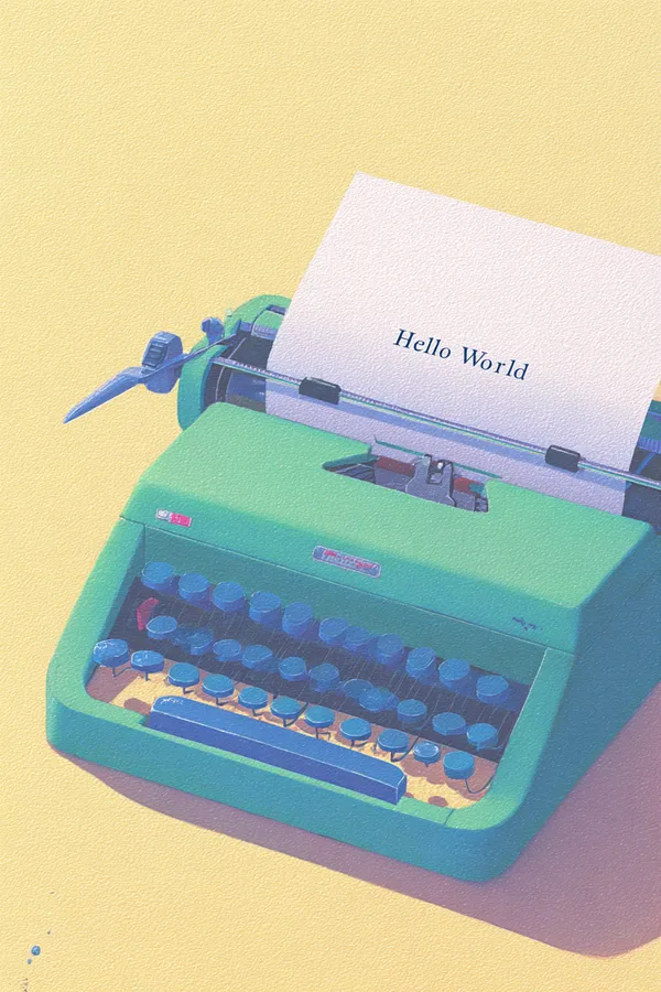 Бирюзовая печатная машинка пишет Hello World