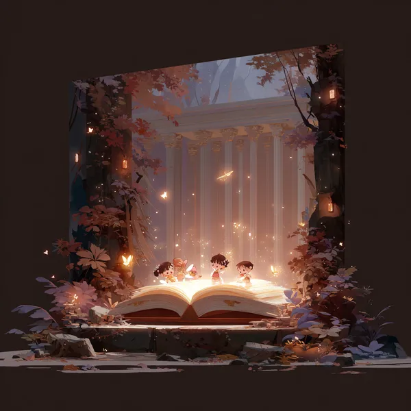 Дети открывают волшебную книгу в лесной библиотеке