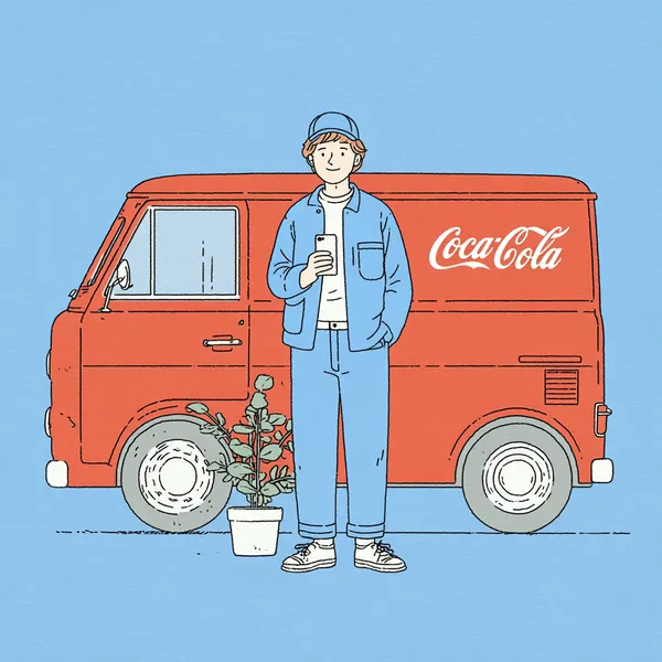 Курьер с iPhone рядом с фургоном Coca-Cola