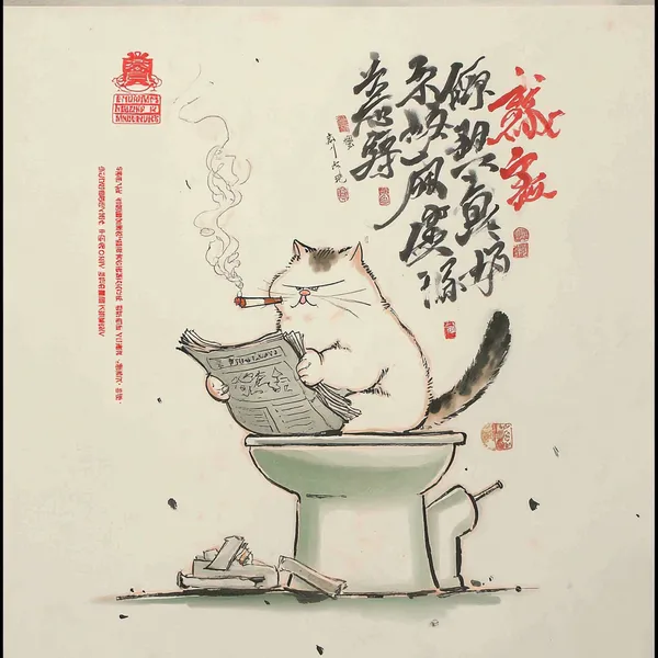 Anime-Katze raucht mit Zeitung auf der Toilette
