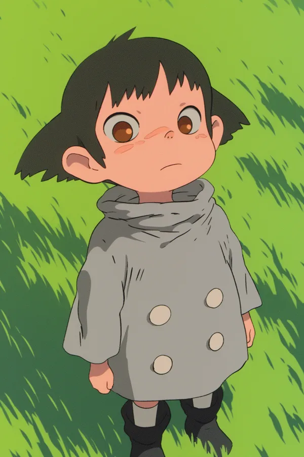 Ребёнок в стиле Ghibli на травяном поле