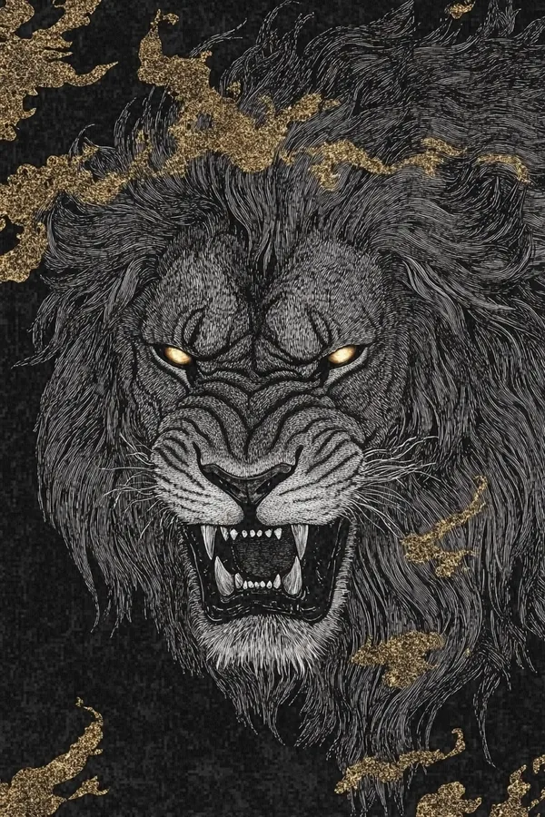 Lion balafré grondant dans la fumée