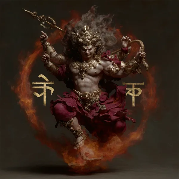 Nezha aux trois visages dans les flammes de lotus