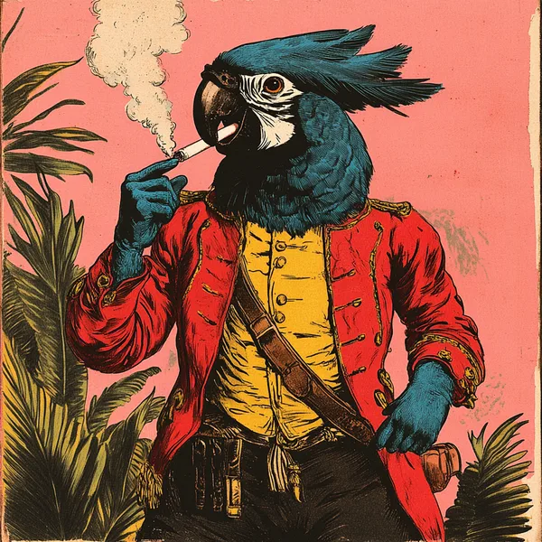 Сине-полосатый попугай в винтажном китайском наряде