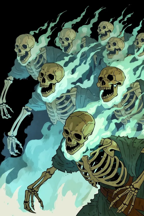 Horde de squelettes morts-vivants aux flammes spectrales