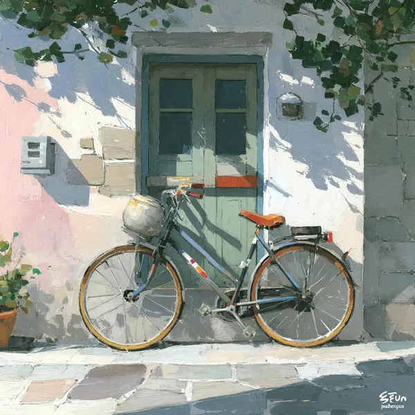 Altes Fahrrad an einer pastellfarbenen Morgenwand