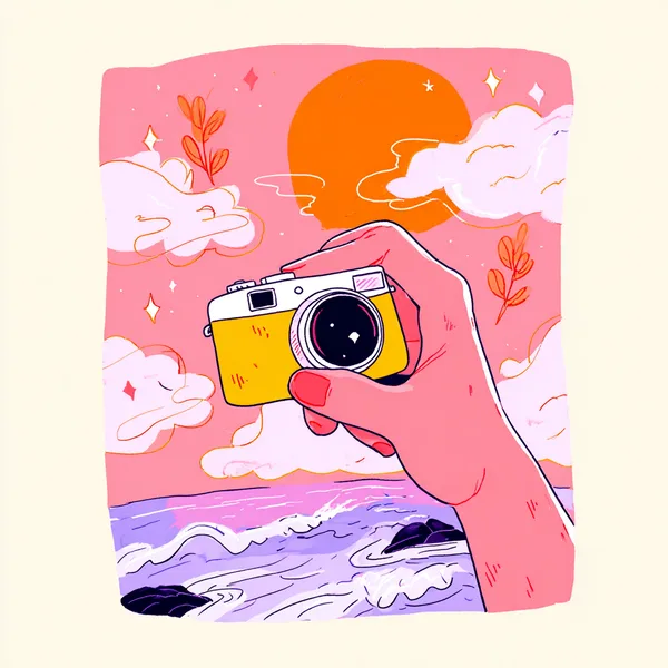 Акварельная рука фотографирует закат на пляже