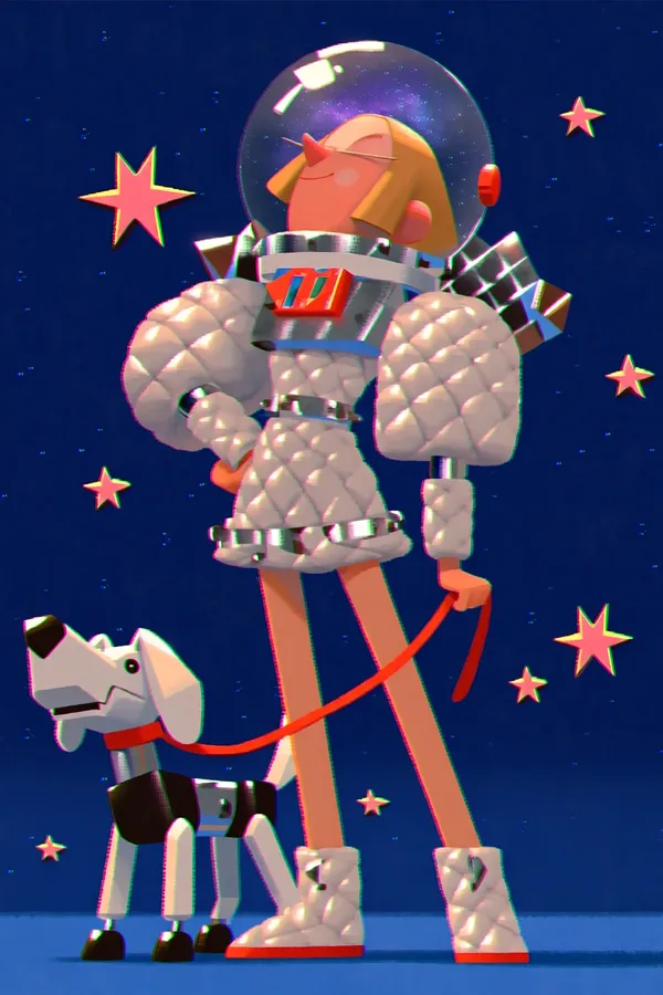 Astronauta de alta costura con perro robot