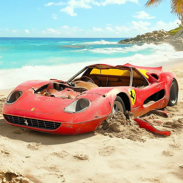 Ржавый двухцветный Ferrari F50 на пляже