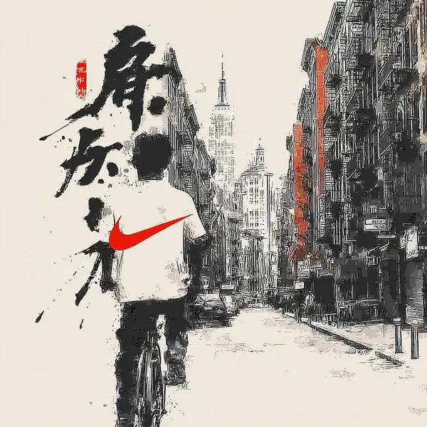 Велосипедист в Nike T90 на улице Чайнатауна