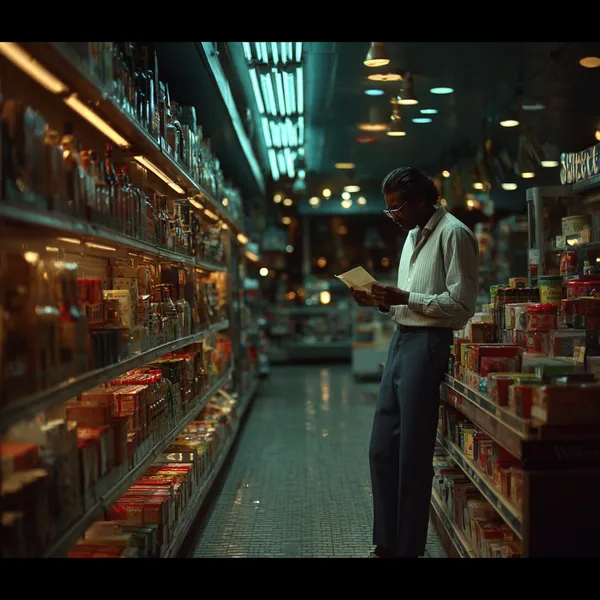 Мужчина читает письмо в магазине под мерцающими лампами