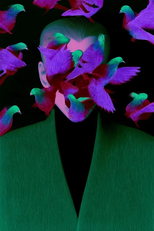 Example of an image generated using the prompt --sref 4045299722 656721126::05 in Midjourney with Surrealistic, 3D, Fashion, Neon, Purple style 1