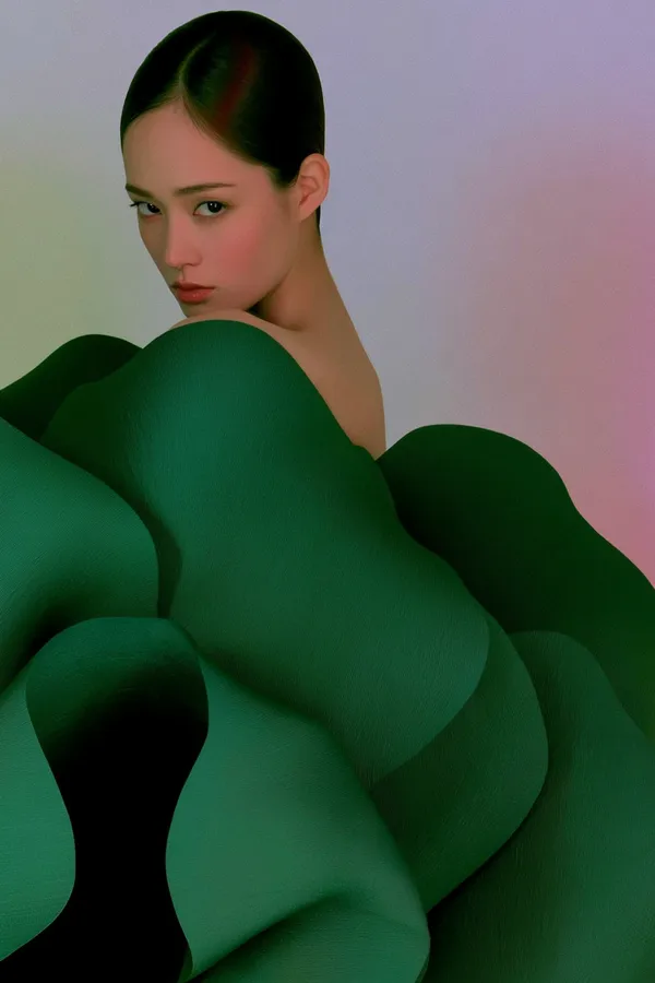 Example of an image generated using the prompt --sref 4045299722 656721126::05 in Midjourney with Surrealistic, 3D, Fashion, Neon, Purple style 2