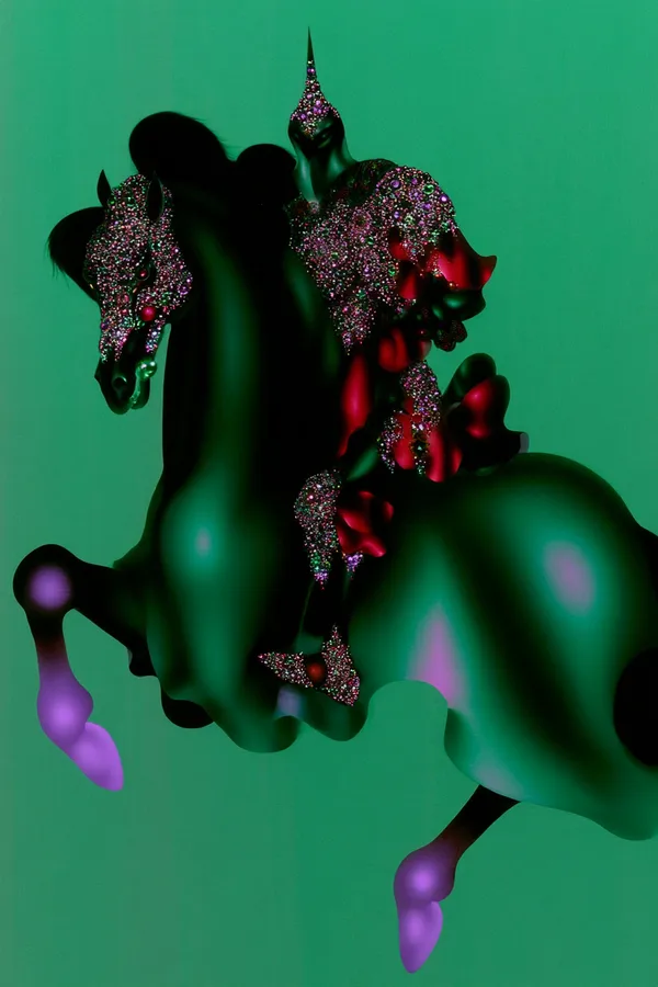 Example of an image generated using the prompt --sref 4045299722 656721126::05 in Midjourney with Surrealistic, 3D, Fashion, Neon, Purple style 4