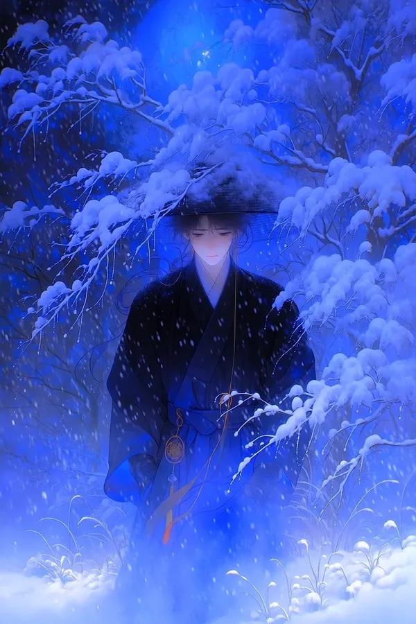 Sorrowful Hanbok Man in a Winter Forest
