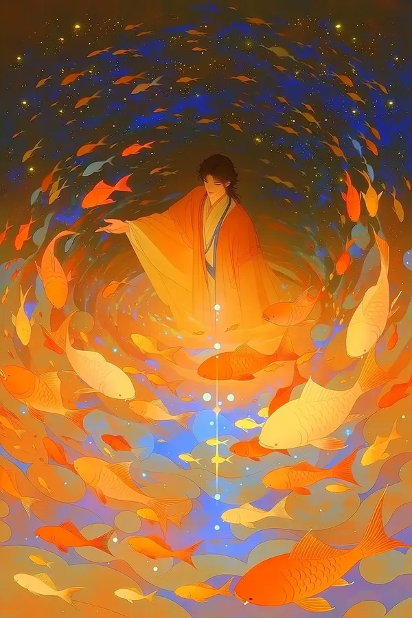 橙袍男子周围的锦鲤漩涡