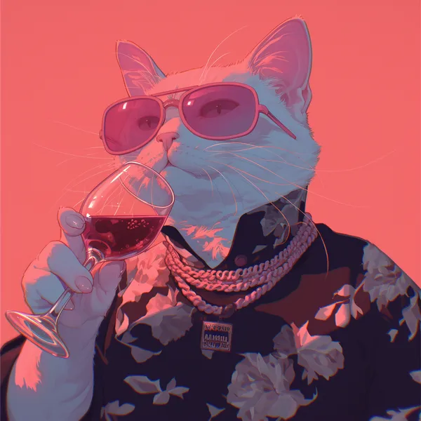 Милый аниме-кот, пьющий вино