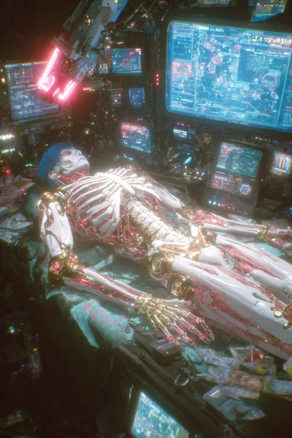 Example of an image generated using the prompt --sref 5836209894 in Midjourney with Cyberpunk, Dark fantasy, 3D, Neon style 2
