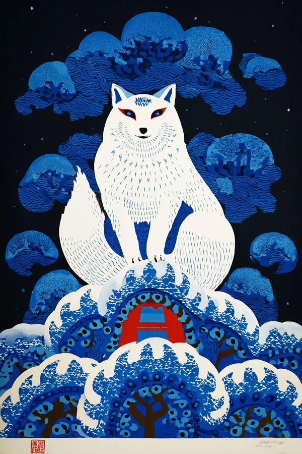 Kitsune auf einem Torii im nächtlichen Schneesturm