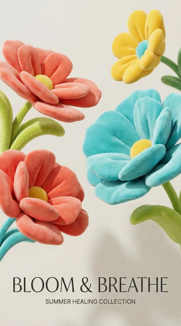 Плюшевые летние цветы на минималистичном постере C4D