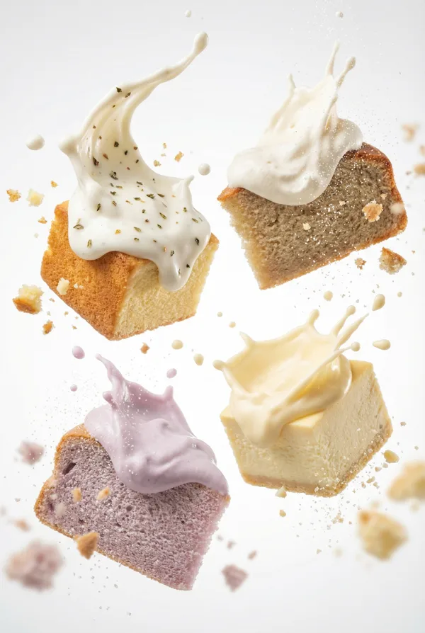 Makro-Quartett aus Kuchen und Cremespritzern