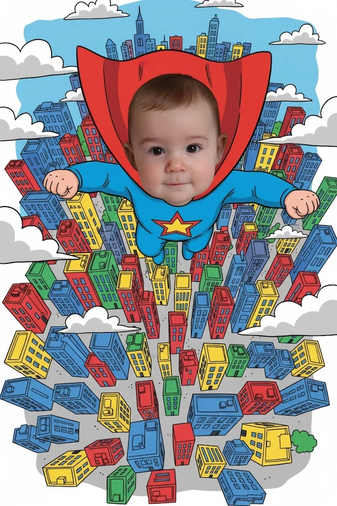 Tiny Superhero Flying Over City by Gemini.png
